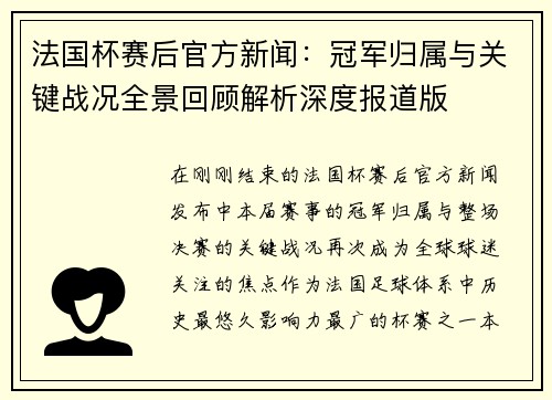 法国杯赛后官方新闻：冠军归属与关键战况全景回顾解析深度报道版